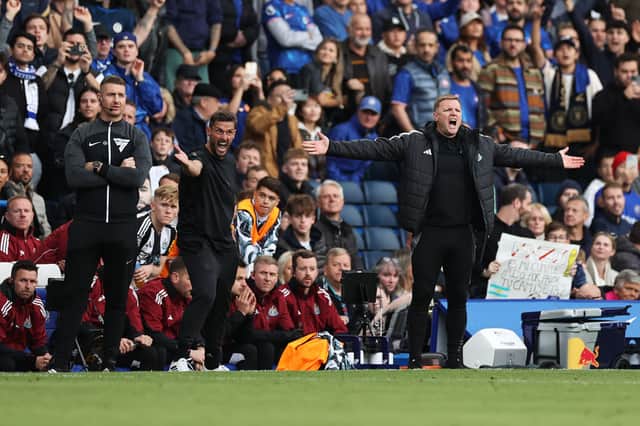 Jason Tindall, Assistant Manager of Newcastle United and Eddie Howe, Manager of Newcastle United, react during the Premier League match between Chelsea FC and Newcastle United FC at Stamford Bridge on October 27, 2024 in London, England. (Photo by Ryan Pierse/Getty Images)