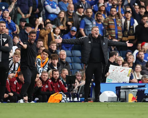 Jason Tindall, Assistant Manager of Newcastle United and Eddie Howe, Manager of Newcastle United, react during the Premier League match between Chelsea FC and Newcastle United FC at Stamford Bridge on October 27, 2024 in London, England. (Photo by Ryan Pierse/Getty Images)