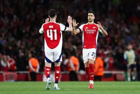 Arsenal's Spanish midfielder #23 Mikel Merino (R) celebrates after scoring his team first goal following the free kick by Arsenal's English midfielder #41 Declan Rice during the UEFA Champions League Semi-final First Leg football match between Arsenal and Paris Saint-Germain (PSG) at the Emirates Stadium in north London, on April 29, 2025. The goal is disallowed due to an offside position. (Photo by FRANCK FIFE / AFP) (Photo by FRANCK FIFE/AFP via Getty Images)          