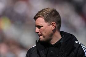 Eddie Howe, Manager of Newcastle United, looks on prior to the Premier League match between Newcastle United FC and Chelsea FC at St James' Park on May 11, 2025 in Newcastle upon Tyne, England. (Photo by Stu Forster/Getty Images)