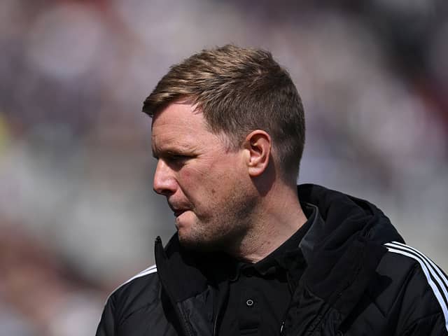Eddie Howe, Manager of Newcastle United, looks on prior to the Premier League match between Newcastle United FC and Chelsea FC at St James' Park on May 11, 2025 in Newcastle upon Tyne, England. (Photo by Stu Forster/Getty Images)