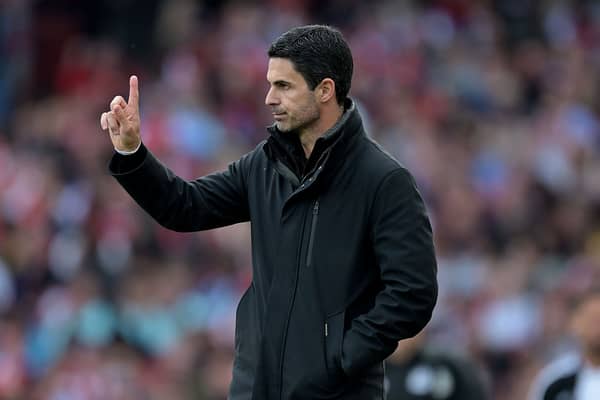 Mikel Arteta, Manager of Arsenal, gestures during the Premier League match between Arsenal FC and Newcastle United FC at Emirates Stadium on May 18, 2025 in London, England. (Photo by Stuart MacFarlane/Arsenal FC via Getty Images)