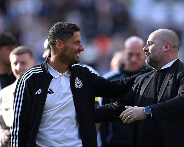 Newcastle coach Jason Tindall with sporting director Paul Mitchell after the Premier League match between Newcastle United FC and Everton FC at St James' Park on May 25, 2025 in Newcastle upon Tyne, England. (Photo by Stu Forster/Getty Images)