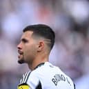 Newcastle player Bruno Guimaraes looks on during the Premier League match between Newcastle United FC and Everton FC at St James' Park on May 25, 2025 in Newcastle upon Tyne, England. (Photo by Stu Forster/Getty Images)