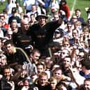Paul Van-Zandvliet and Doddie Weir of Newcastle Falcons are carried on the shoulders of their supporters after an Allied Dunbar Premiership One match against Harlequins at The Stoop in London. Newcastle Falcons won the match 44-20, gaining them the League trophy. Credit: Jamie  McDonald/Allsport