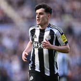 Newcastle player Tino Livramento in action during the Premier League match between Newcastle United FC and Everton FC at St James' Park on May 25, 2025 in Newcastle upon Tyne, England. (Photo by Stu Forster/Getty Images)
