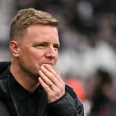 Newcastle United's English head coach Eddie Howe reacts during the English Premier League football match between Newcastle United and Everton at St James' Park in Newcastle-upon-Tyne, north east England on May 25, 2025. (Photo by ANDY BUCHANAN / AFP) 