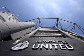 A general view of the club badge on the side of the West Stand during the Premier League match between Newcastle United and Brighton & Hove Albion at St. James Park on May 11, 2024 in Newcastle upon Tyne, England. (Photo by Stu Forster/Getty Images)