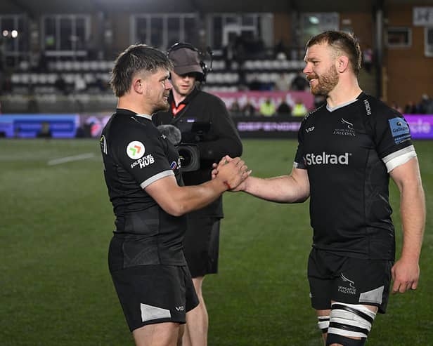  Captain Callum Chick (r) and Jamie Blamire of the Falcons after playing their last home Falcon's match after the Gallagher Premiership Rugby match between Newcastle Falcons and Gloucester Rugby at Kingston Park on May 16, 2025 in Newcastle upon Tyne, England. 