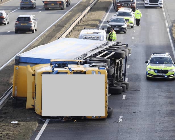 An overturned lorry blocking the A19