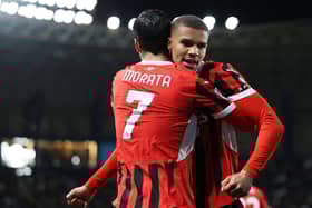 Alvaro Morata and Malick Thiaw of AC Milan celebrate their team's second goal, an own goal scored by Federico Gatti of Juventus during the Italian Super Cup Semi-Final match between AC Milan and Juventus at Al Awwal Park on January 03, 2025 in Riyadh, Saudi Arabia. (Photo by Yasser Bakhsh/Getty Images)