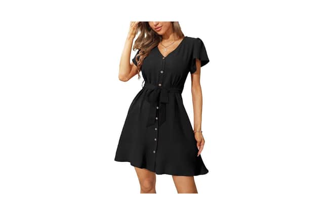 Aokosor Women’s V-Neck T-Shirt Dress with Ruffle Sleeves and Belt