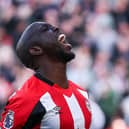Yoane Wissa of Brentford reacts during the Premier League match between Brentford FC and Brighton & Hove Albion FC at Gtech Community Stadium on April 19, 2025 in Brentford, England. (Photo by Ryan Pierse/Getty Images)