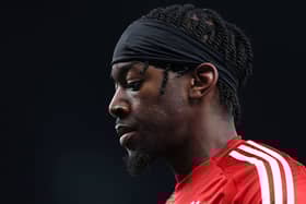 Anthony Elanga of Nottingham Forest reacts during the Premier League match between Tottenham Hotspur FC and Nottingham Forest FC at Tottenham Hotspur Stadium on April 21, 2025 in London, England. (Photo by Ryan Pierse/Getty Images)