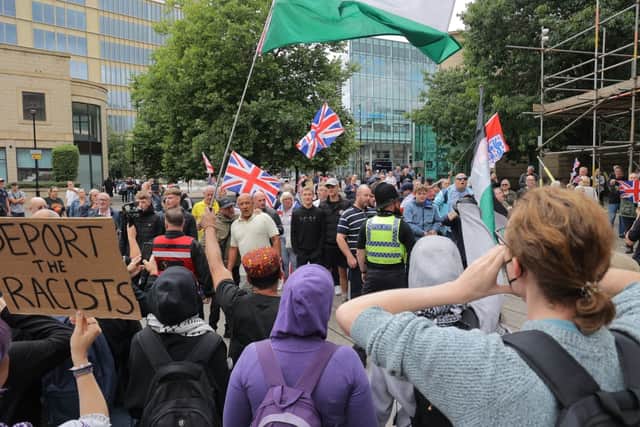 An anti-immigrant protest, dubbed the Great British National Protest, took place outside the New Bridge Hotel in Newcastle on Saturday, August 2. The group was met by counter protesters. 