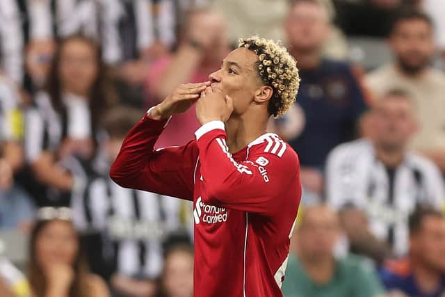 Hugo Ekitike of Liverpool celebrates scoring his team's second goal during the Premier League match between Newcastle United and Liverpool at St James' Park on August 25, 2025 in Newcastle upon Tyne, England. (Photo by George Wood/Getty Images)