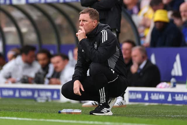 Eddie Howe, Manager of Newcastle United during the Premier League match between Leeds United and Newcastle United at Elland Road on August 30, 2025 in Leeds, England. (Photo by Marc Atkins/Getty Images)