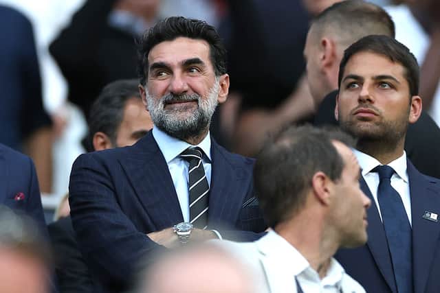 Yasir Al-Rumayyan, (l) Chairman of Newcastle United, is seen in attendance prior to the Premier League match between Newcastle United and Liverpool at St James' Park on August 25, 2025 in Newcastle upon Tyne, England. (Photo by Stu Forster/Getty Images)
