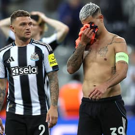 Kieran Trippier (l) and Bruno Guimaraes of Newcastle react after the UEFA Champions League 2025/26 League Phase MD1 match between Newcastle United FC and FC Barcelona at St James' Park on September 18, 2025 in Newcastle upon Tyne, England. (Photo by Stu Forster/Getty Images)