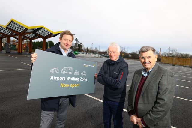 Newcastle Airport has opened a new free 'Waiting Zone'. From left: Dean Ward, Director of Commercial at Newcastle Airport, John Littleton, of Woolsington Parish Council, and Mayor of Ponteland, Alan Hall.