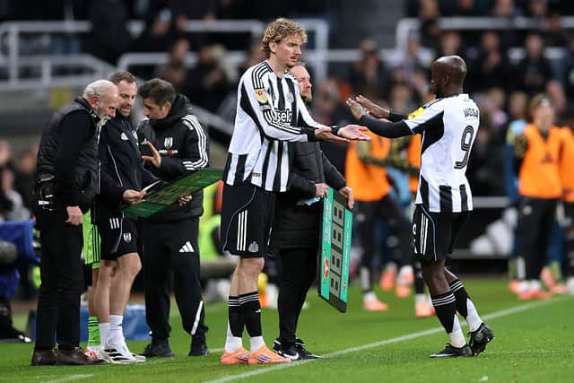 Yoane Wissa of Newcastle United is replaced as a substitute by Nick Woltemade during the Carabao Cup Quarter Final match between Newcastle United and Fulham at St James' Park on December 17, 2025 in Newcastle upon Tyne, England. (Photo by Stu Forster/Getty Images)