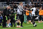 Yoane Wissa of Newcastle United is replaced as a substitute by Nick Woltemade during the Carabao Cup Quarter Final match between Newcastle United and Fulham at St James' Park on December 17, 2025 in Newcastle upon Tyne, England. (Photo by Stu Forster/Getty Images)