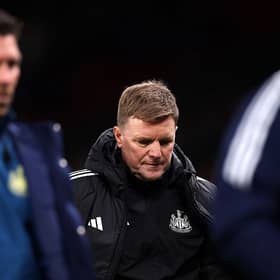 Eddie Howe, Manager of Newcastle United, appears dejected as he leaves the pitch following defeat in the Premier League match between Manchester United and Newcastle United at Old Trafford on December 26, 2025 in Manchester, England. (Photo by Carl Recine/Getty Images)