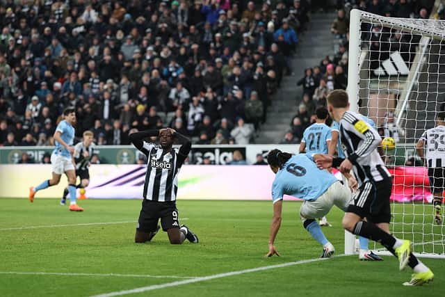 Yoane Wissa of Newcastle United reacts missing a chance during the Carabao Cup Semi Final First Leg match between Newcastle United and Manchester City at St James' Park on January 13, 2026 in Newcastle upon Tyne, England. (Photo by Stu Forster/Getty Images)