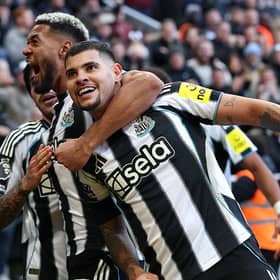 Bruno Guimaraes (r) of Newcastle celebrates his winning goal with Joelinton during the Premier League match between Newcastle United and Fulham at St James' Park on October 25, 2025 in Newcastle upon Tyne, England. (Photo by Stu Forster/Getty Images)