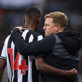 Alexander Isak of Newcastle United speaks with Eddie Howe, Manager of Newcastle United, following the team's victory Carabao Cup Third Round match between Newcastle United and Manchester Cityat St James' Park on September 27, 2023 in Newcastle upon Tyne, England. (Photo by George Wood/Getty Images)