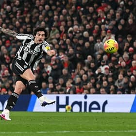 Newcastle United's Italian midfielder #08 Sandro Tonali shoots but fails to score during the English Premier League football match between Liverpool and Newcastle United at Anfield in Liverpool, north west England on January 31, 2026. (Photo by Paul ELLIS / AFP via Getty Images) 