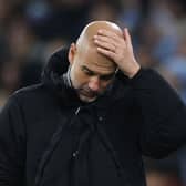 Pep Guardiola, Manager of Manchester City, reacts during the UEFA Champions League 2024/25 League Phase MD5 match between Manchester City and Feyenoord at City of Manchester Stadium on November 26, 2024 in Manchester, England.
