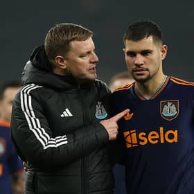 Eddie Howe, Manager of Newcastle United, talks with Bruno Guimaraes following the team's victory in the Premier League match between Tottenham Hotspur and Newcastle United at Tottenham Hotspur Stadium on February 10, 2026 in London, England. (Photo by Richard Pelham/Getty Images)