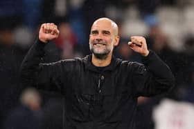 Pep Guardiola, Manager of Manchester City, celebrates after the team's victory in the Premier League match between Manchester City and Newcastle United at Etihad Stadium on February 21, 2026 in Manchester, England. (Photo by Carl Recine/Getty Images)