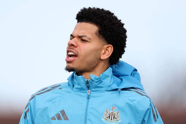 William Osula of Newcastle United looks on during training ahead of their UEFA Champions League 2025/26 League Knockout Play-off Second Leg match against Qarabag FK at Newcastle United Training Centre on February 23, 2026 in Newcastle upon Tyne, England. (Photo by Stu Forster/Getty Images)
