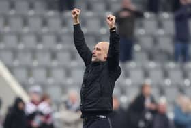 Pep Guardiola, Manager of Manchester City, acknowledges fans following the Emirates FA Cup Fifth Round match between Newcastle United and Manchester City at St. James' Park on March 07, 2026 in Newcastle upon Tyne, England. (Photo by George Wood/Getty Images)