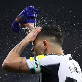 Bruno Guimaraes of Newcastle United wets his hair before the Premier League match between Newcastle United and Brentford at St James' Park on February 07, 2026 in Newcastle upon Tyne, England. (Photo by Stu Forster/Getty Images)