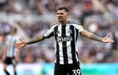 Bruno Guimaraes of Newcastle United reacts during the Premier League match between Newcastle United and Bournemouth at St James' Park on April 18, 2026 in Newcastle upon Tyne, England. (Photo by Stu Forster/Getty Images)