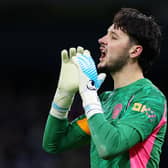 James Trafford of Manchester City reacts during the Emirates FA Cup Third Round match between Manchester City and Exeter City on January 10, 2026 in Manchester, England. (Photo by Lewis Storey/Getty Images)