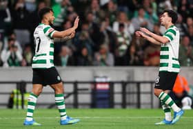 Sporting Lisbon's Colombian forward #97 Luis Suarez (L)  celebrates scoring his team's fourth goal during the Portuguese League football match between Sporting CP and Vitoria Guimaraes SC at Jose Alvalade stadium in Lisbon, on May 4, 2026. (Photo by PATRICIA DE MELO MOREIRA / AFP via Getty Images)