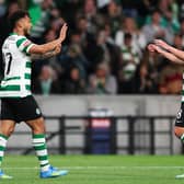 Sporting Lisbon's Colombian forward #97 Luis Suarez (L)  celebrates scoring his team's fourth goal during the Portuguese League football match between Sporting CP and Vitoria Guimaraes SC at Jose Alvalade stadium in Lisbon, on May 4, 2026. (Photo by PATRICIA DE MELO MOREIRA / AFP via Getty Images)