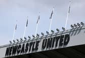 A general view of the lettering on the East Stand during the Premier League match between Newcastle United and Brighton & Hove Albion at St James' Park on May 02, 2026 in Newcastle upon Tyne, England. (Photo by Stu Forster/Getty Images)