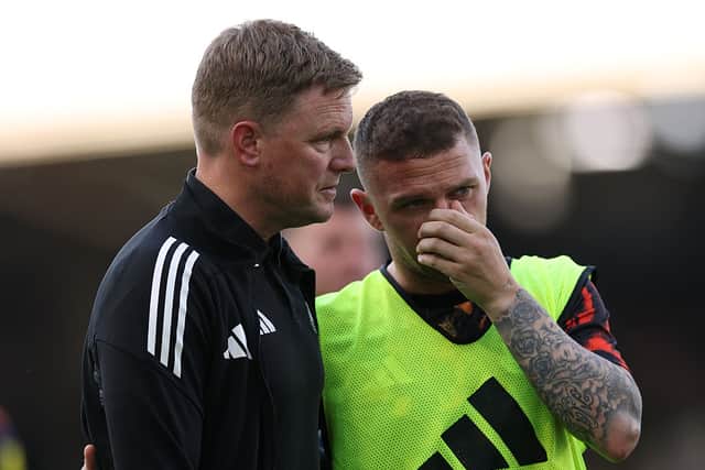 Eddie Howe, Manager of Newcastle United, interacts with Kieran Trippier of Newcastle United following the Premier League match between Fulham and Newcastle United at Craven Cottage on May 24, 2026 in London, England. (Photo by Alex Davidson/Getty Images)