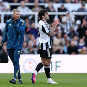 Sandro Tonali of Newcastle United applauds the fans as he walks off the pitch with an injury during the Premier League match between Newcastle United and West Ham United at St James' Park on May 17, 2026 in Newcastle upon Tyne, England. (Photo by Stu Forster/Getty Images)