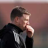 Eddie Howe, Manager of Newcastle United, looks on during a training session ahead of the UEFA Champions League 2025/26 Round of 16 First Leg match between Newcastle United and FC Barcelona at Newcastle United Training Centre on March 09, 2026 in Newcastle upon Tyne, England. (Photo by Stu Forster/Getty Images)