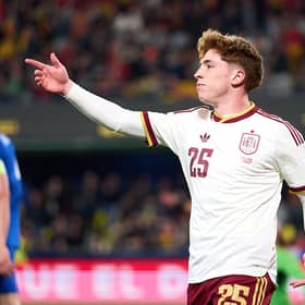 Victor Munoz of Spain celebrates scoring his team's third goal during the International Friendly match between Spain and Serbia at Estadio de la Ceramica on March 27, 2026 in Villarreal, Spain. (Photo by Alex Caparros/Getty Images)