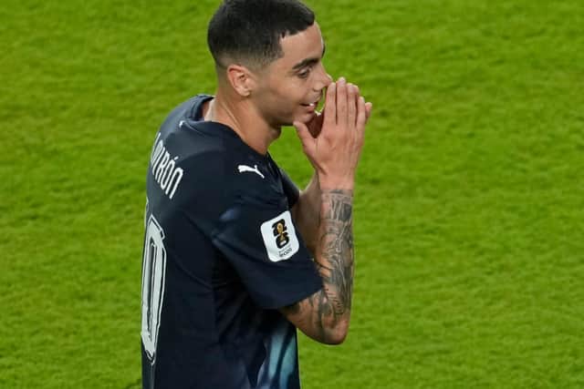 Paraguay’s Miguel Almiron reacts after being sent off (Jeff Chiu/AP)