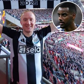 Alexander Isak (inset) and Newcastle United fan, David White.