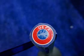 UEFA logo shown in the venue prior to the UEFA Conference League 2025/26 Quarter-Final Leg Two match between RC Strasbourg Alsace and 1. FSV Mainz 05 at Stade de la Meinau on April 16, 2026 in Strasbourg, France. (Photo by Daniela Porcelli/Getty Images)