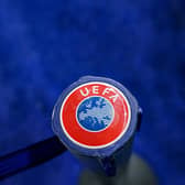 UEFA logo shown in the venue prior to the UEFA Conference League 2025/26 Quarter-Final Leg Two match between RC Strasbourg Alsace and 1. FSV Mainz 05 at Stade de la Meinau on April 16, 2026 in Strasbourg, France. (Photo by Daniela Porcelli/Getty Images)